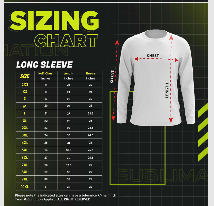 Long Sleeve Sizing Chart